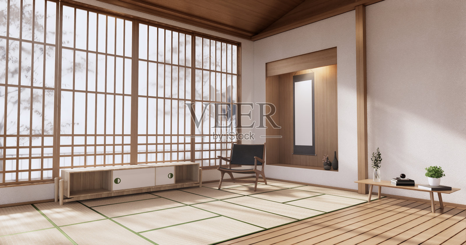 柜式木质设计，现代日式房间。三维渲染照片摄影图片