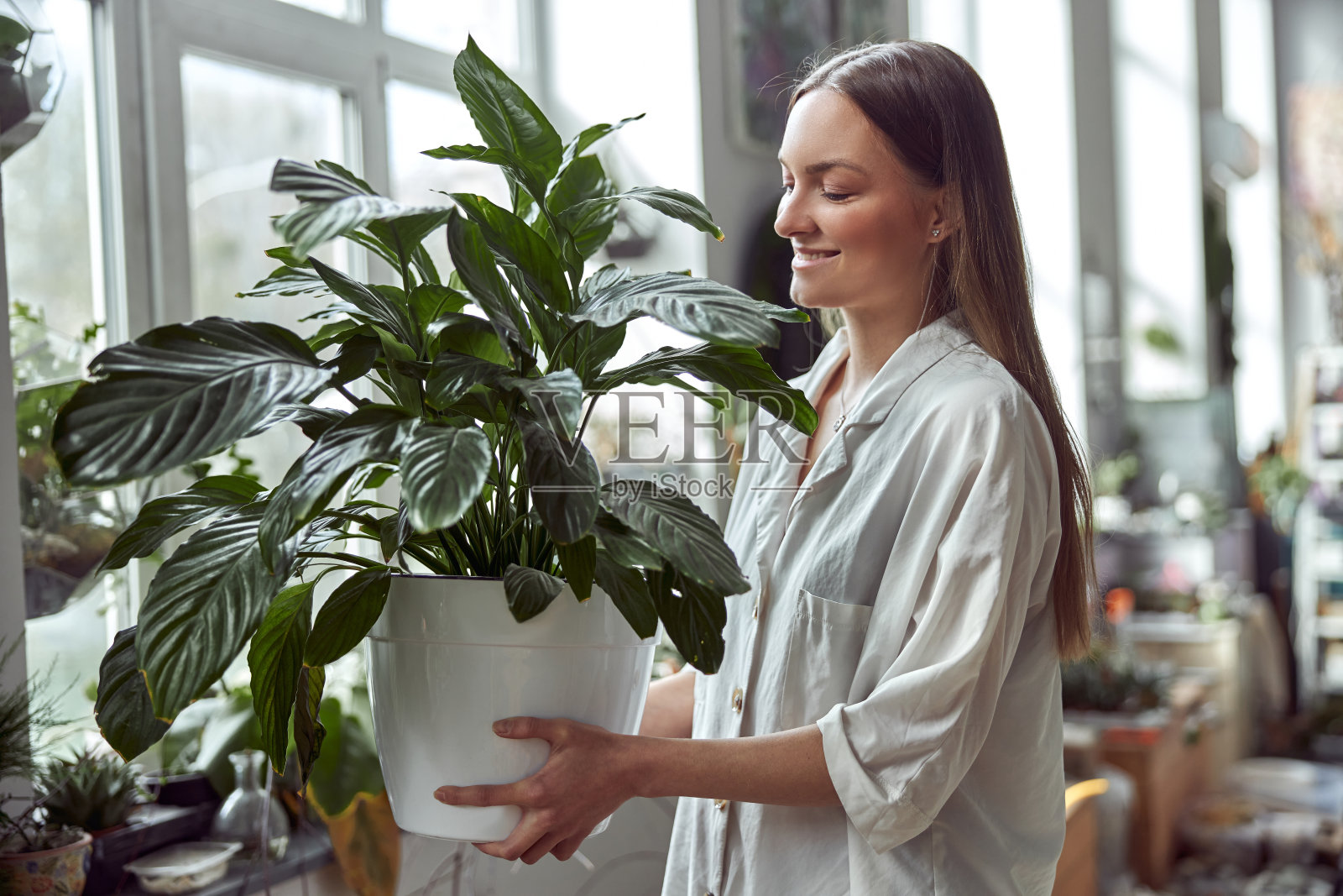 白种人自信快乐的花商在植物商店用玻璃石头和植物组成照片摄影图片