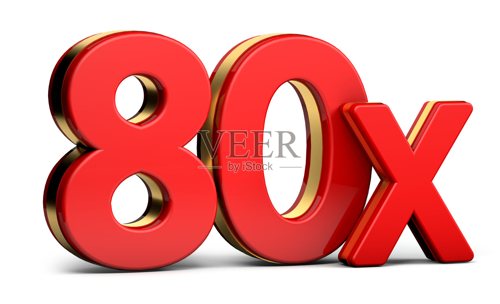 80X金和红色字母孤立在白色背景上。3 d演示。照片摄影图片