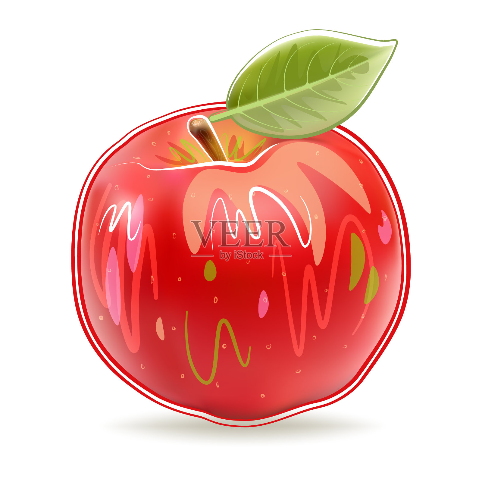 程式化的红苹果与绿叶插图。健康和健康食品主题设计元素图片