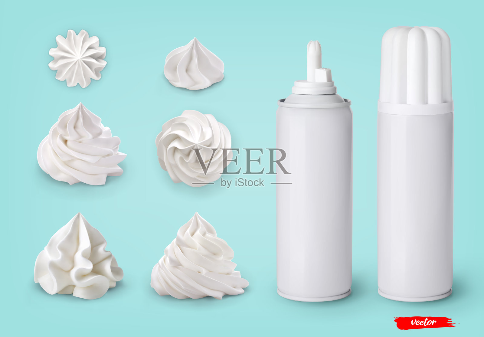 蓝色背景上的生奶油漩涡和生奶油罐。甜乳制品的三维现实的矢量插图。鲜奶油包装模型。设计元素图片