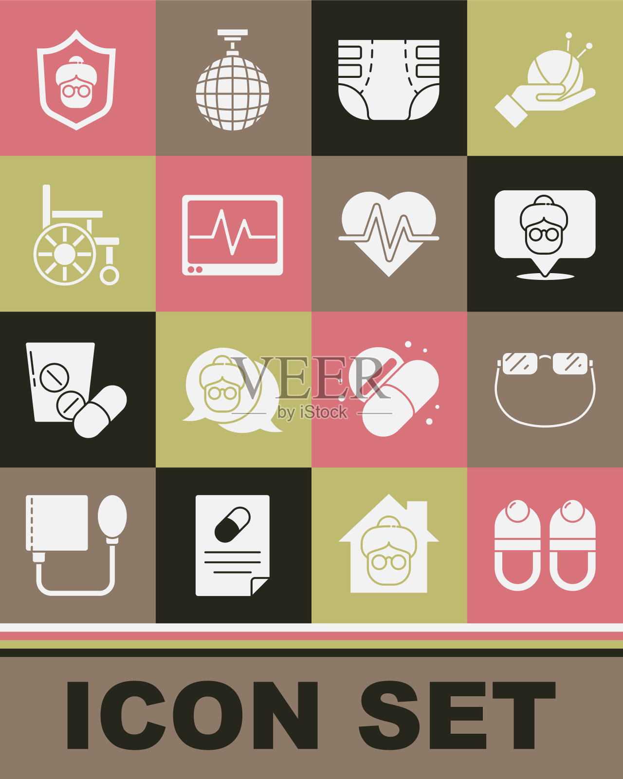 设置拖鞋，眼镜，疗养院，成人尿布，监视器与心电图，轮椅，祖母和心率图标。向量图标素材