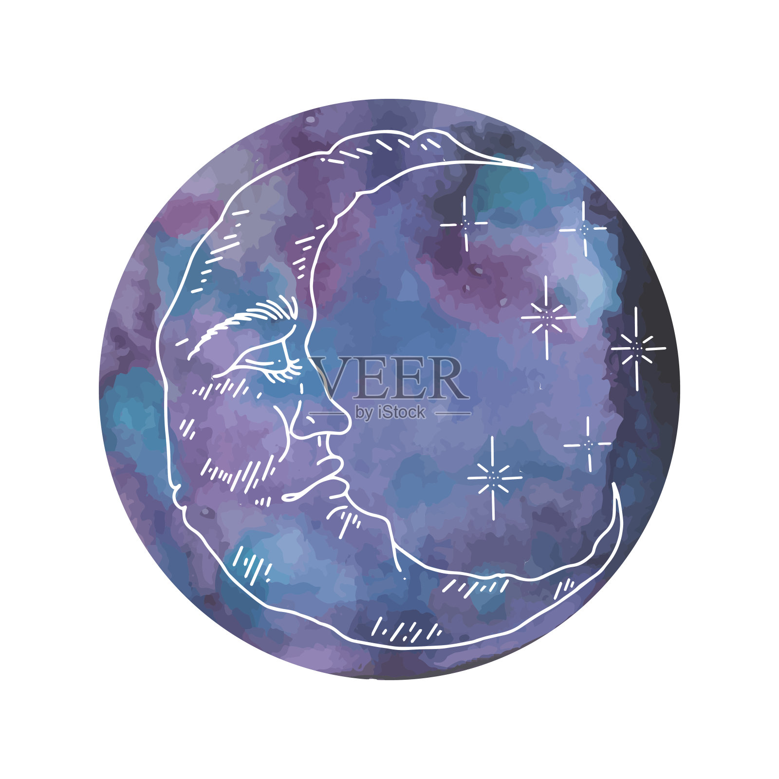 矢量图形的云和星星与水彩月亮。孤立向量插图字符集。图形新月与脸，手绘雕刻风格。占星术、炼金术和魔术符号。插画图片素材