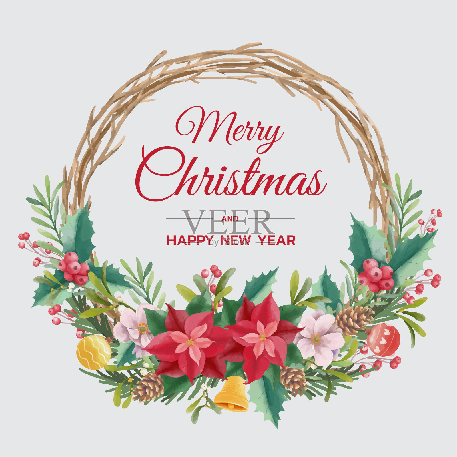 水彩圣诞花环插图设计模板素材