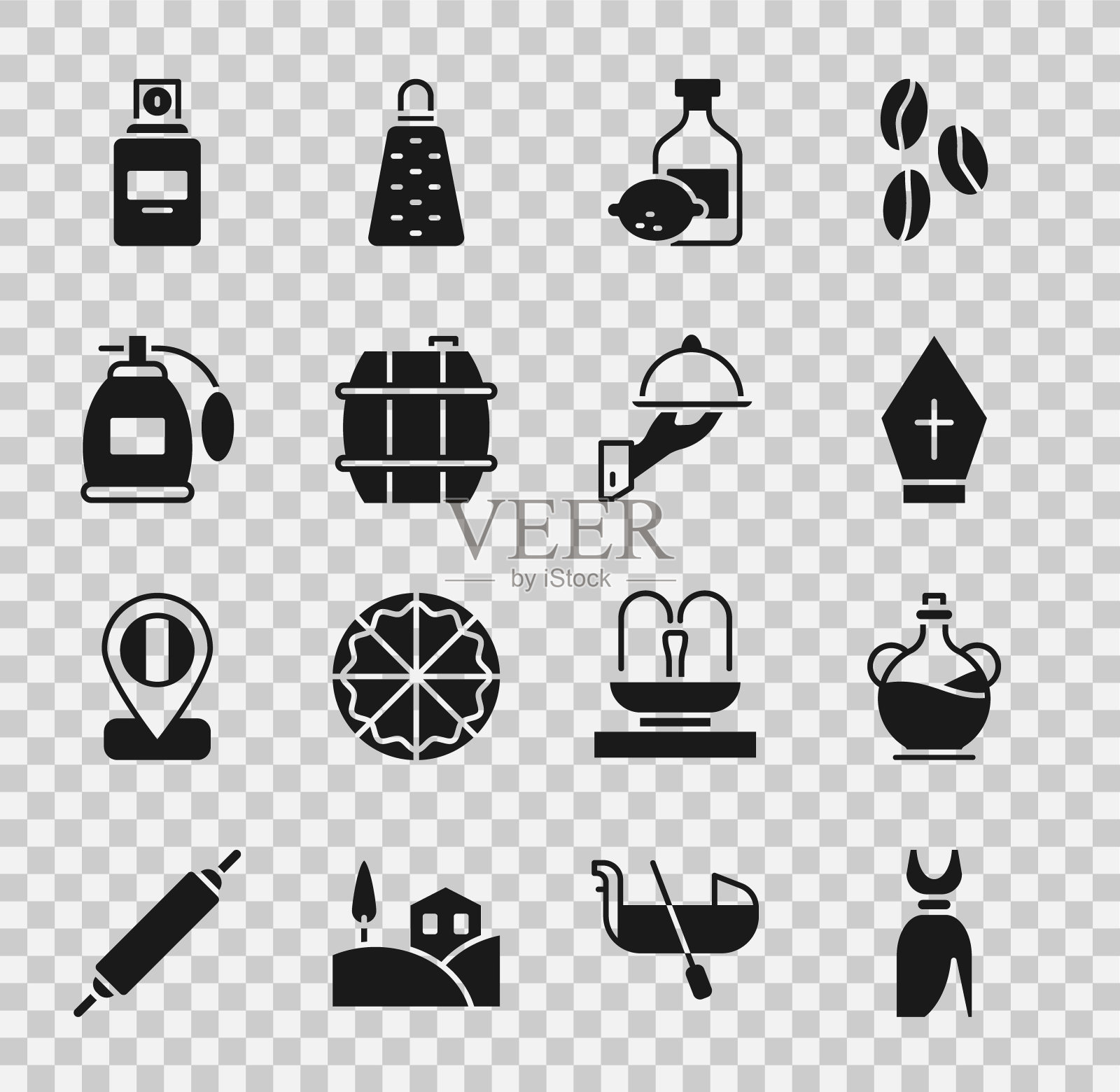 集女子连衣裙，橄榄油瓶，教皇帽，柠檬瓶，酒桶，香水，和覆盖托盘食物图标。向量图标素材