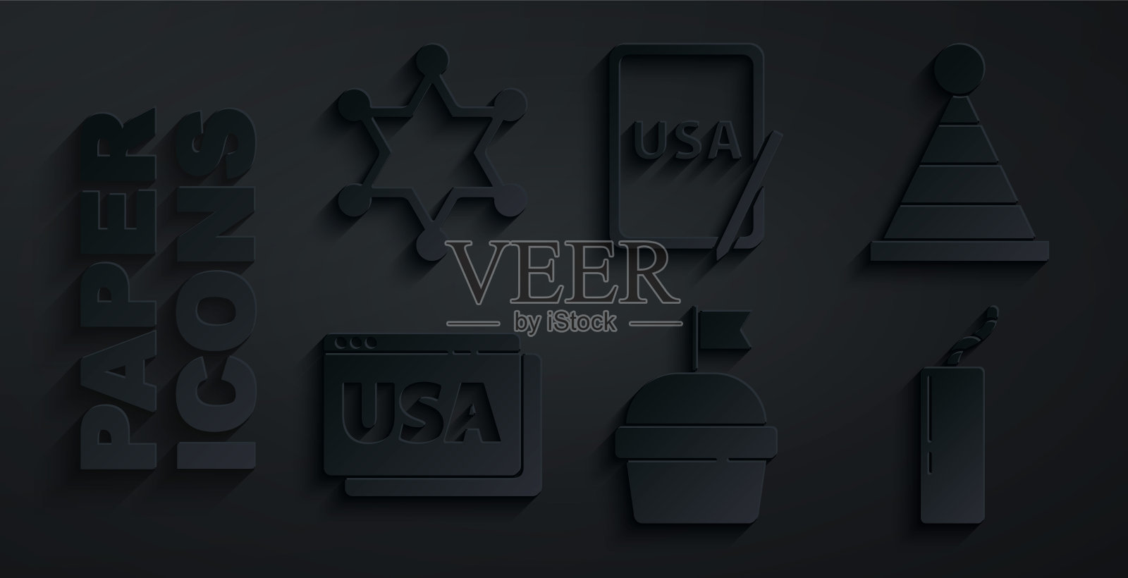 Set Cake, Party hat, USA on browser, Dynamite bomb, graphic tablet and Hexagram sheriff icon。向量图标素材