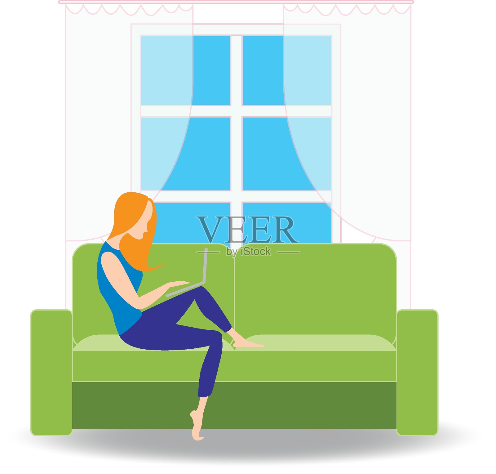 自由职业者女人在家里的沙发上放着笔记本。矢量平面插图插画图片素材