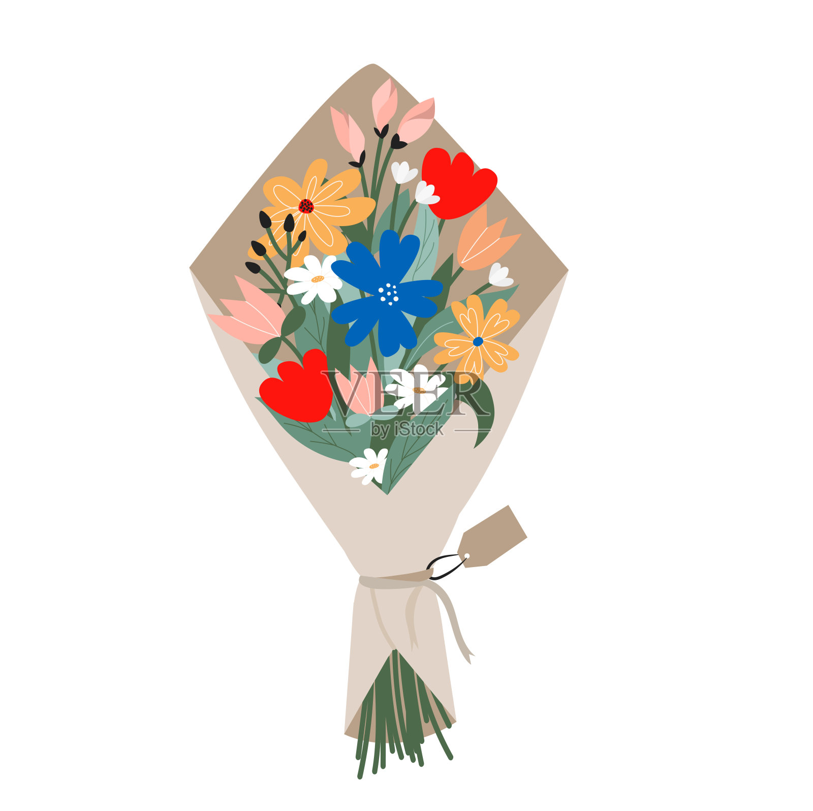 花束与盛开的花朵孤立在白色的背景在时尚的平面卡通风格。矢量插图手绘的野生和花园花包在牛皮纸假日，生日等插画图片素材