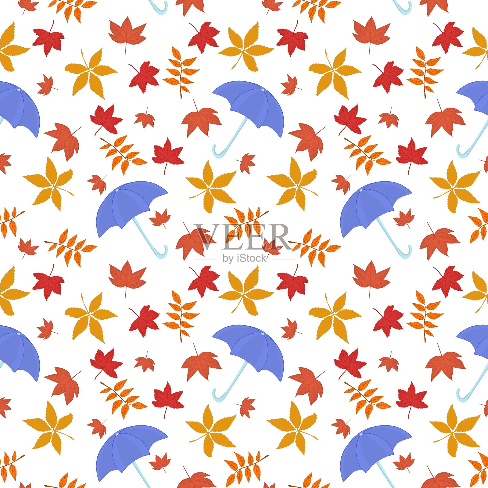 秋天的矢量图案与彩色的叶子和蓝色的伞在白色的背景插画图片素材