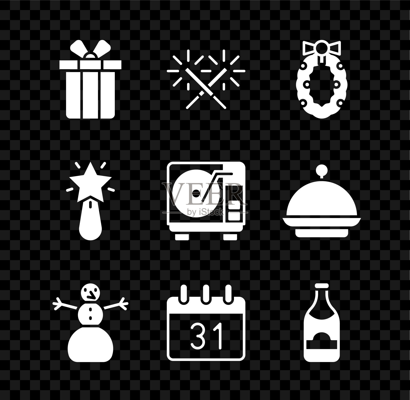 套装礼盒，烟花，圣诞花环，雪人，日历，香槟瓶，星星和黑胶唱片图标黑胶播放器。向量图标素材