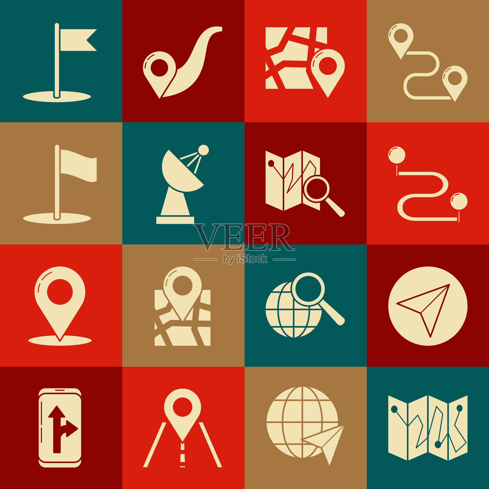 设置折叠地图与位置标记，纸飞机，路线，雷达，旗帜，图标。向量图标素材