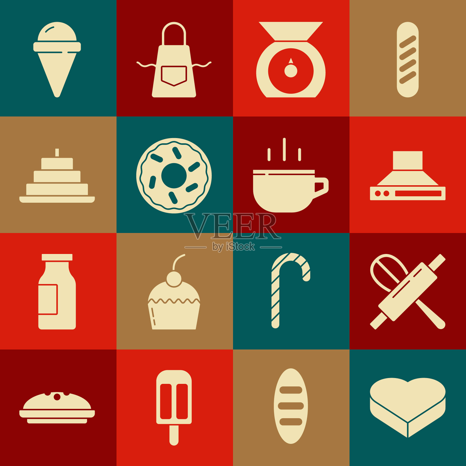 心形盒子里的糖果，厨房搅拌器擀面棍，抽油扇，鳞片，甜甜圈，燃烧蜡烛的蛋糕，冰淇淋华夫饼蛋筒和咖啡杯图标。向量图标素材