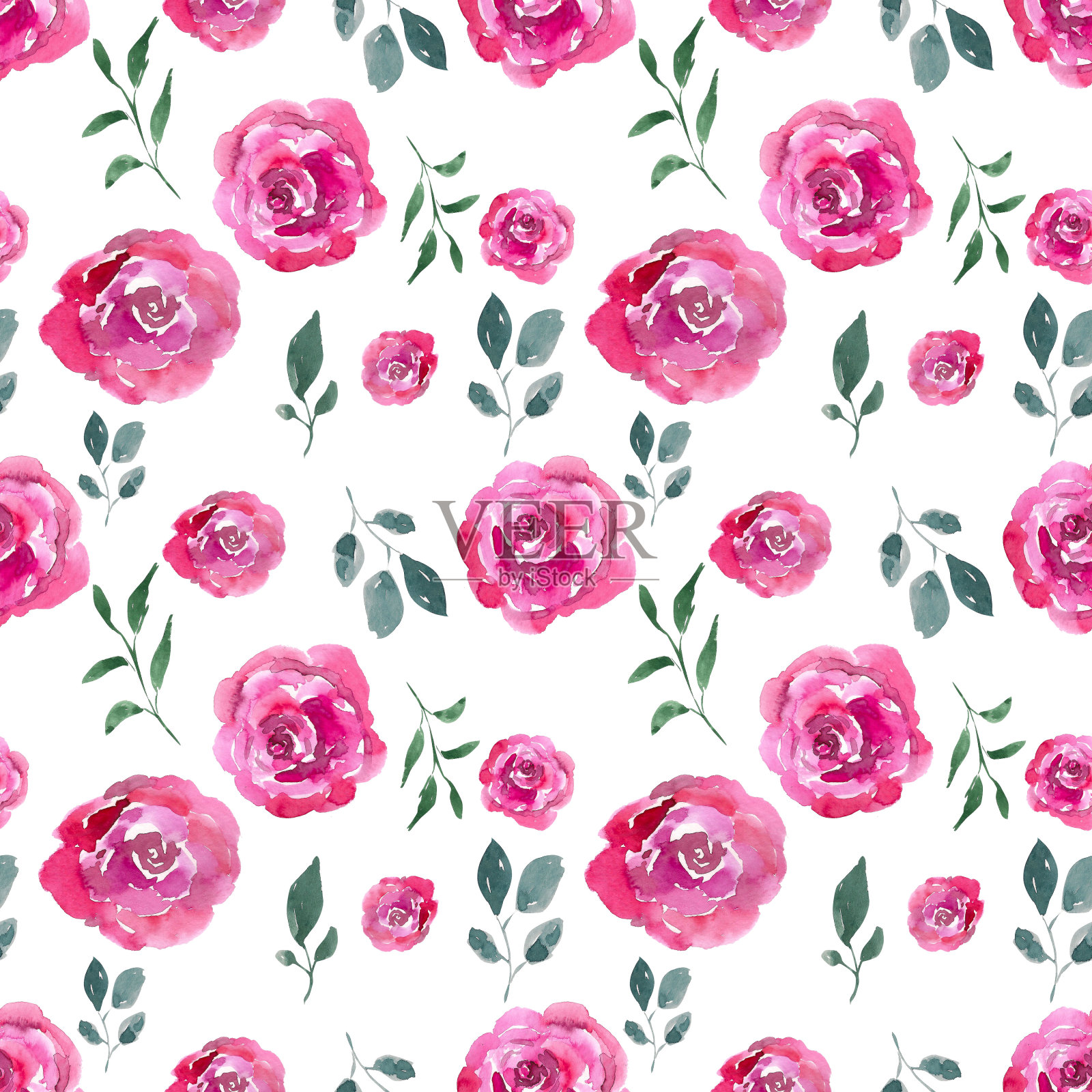 水彩无缝模式。花卉设计与绿色植物。背景、图片等无缝设计。插画图片素材