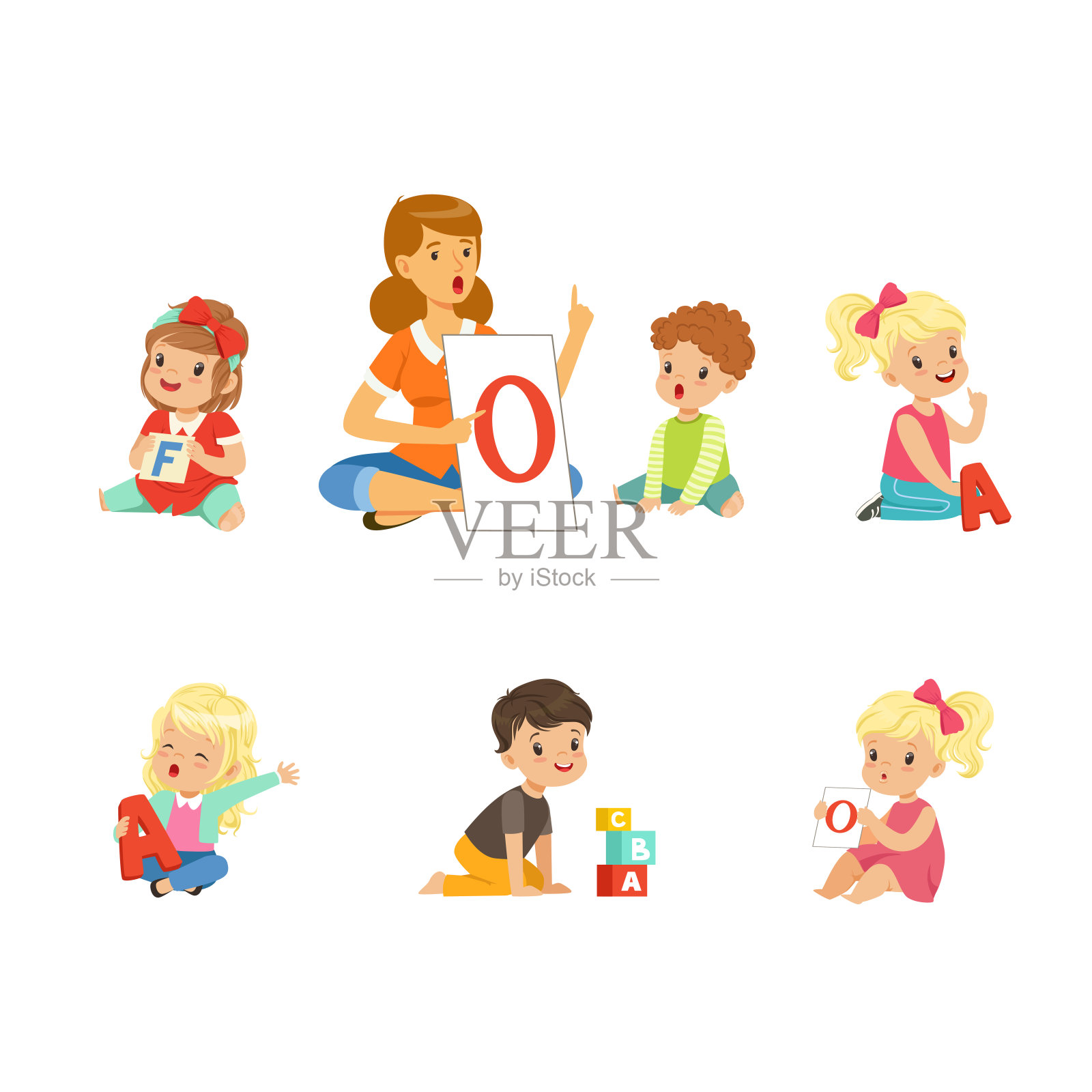 可爱的孩子学习字母和玩幼儿园老师坐在地板上与卡片和立方体向量集插画图片素材