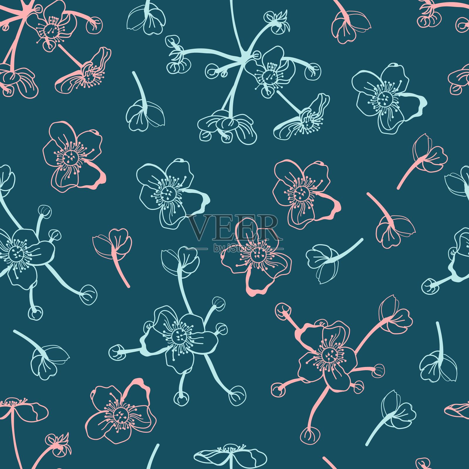 花卉无缝图案在一个线性风格。插画图片素材