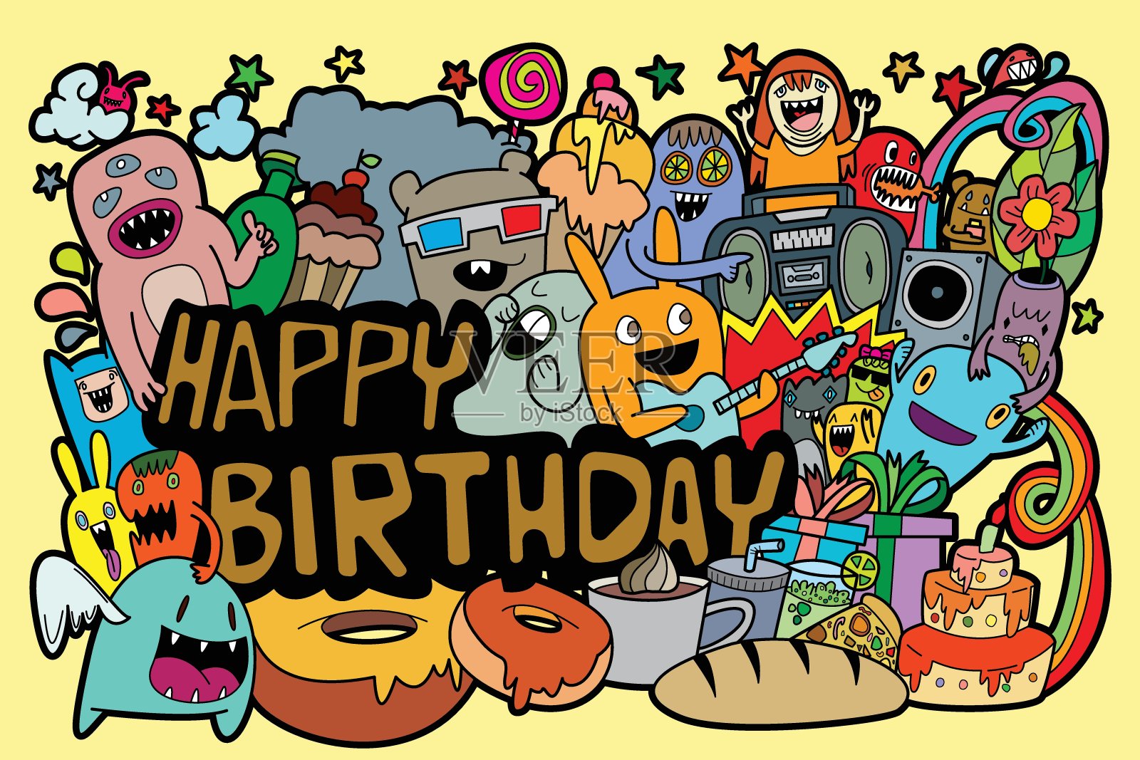 涂鸦怪在生日那天来祝福插画图片素材