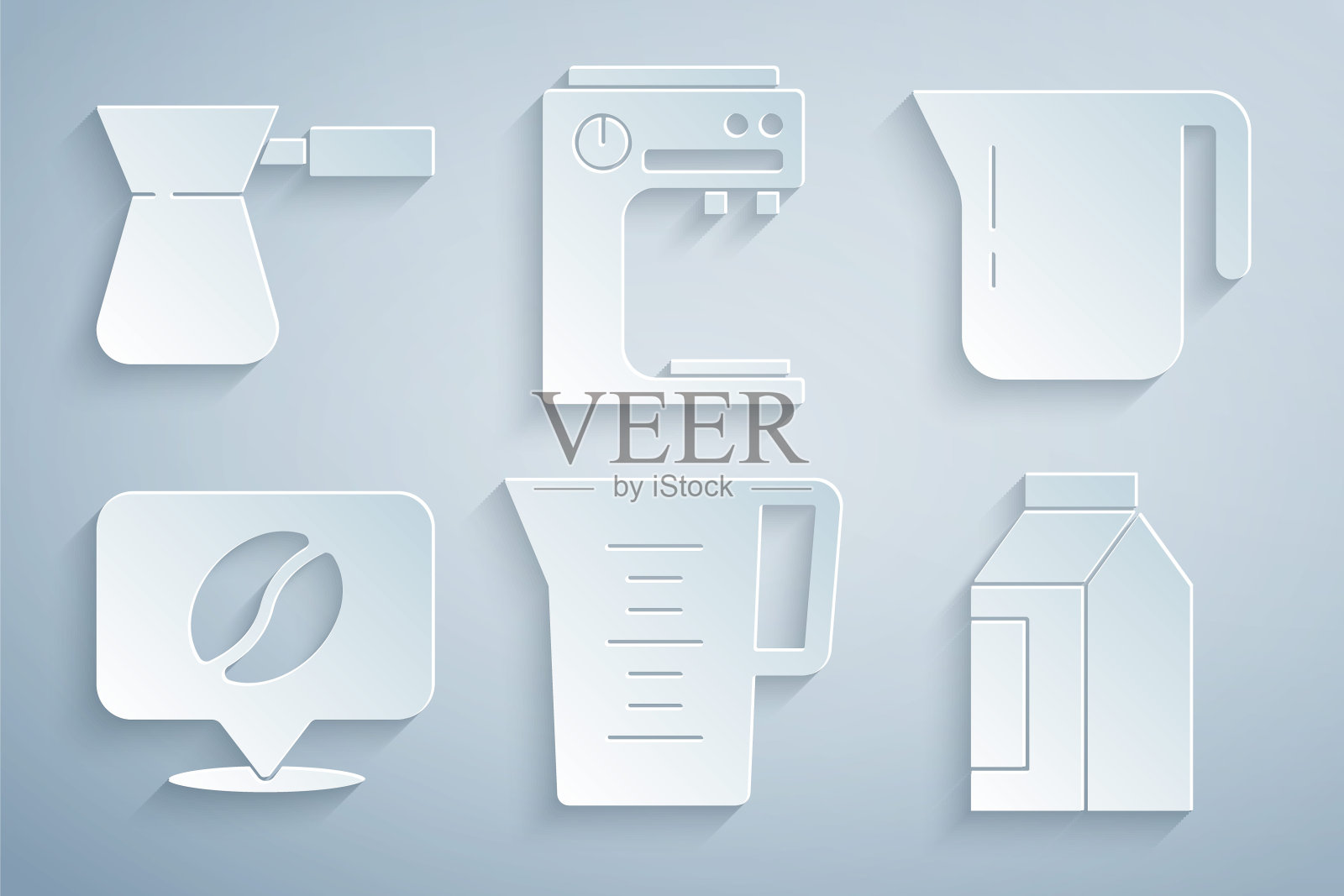 设置水壶玻璃水，咖啡壶，位置咖啡豆，袋豆，机器和土耳其图标。向量插画图片素材