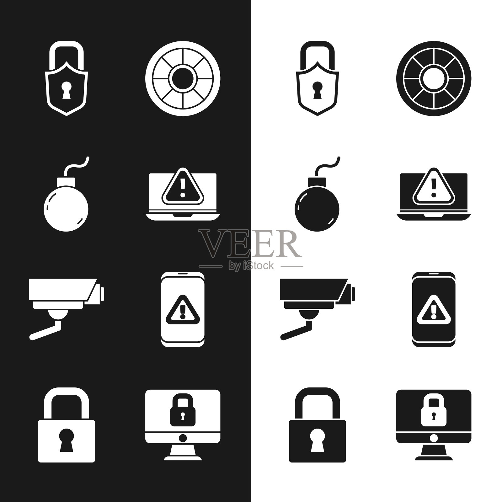 设置笔记本电脑与感叹号，炸弹准备爆炸，锁，安全，安全摄像头，移动，电脑显示器和图标。向量图标素材