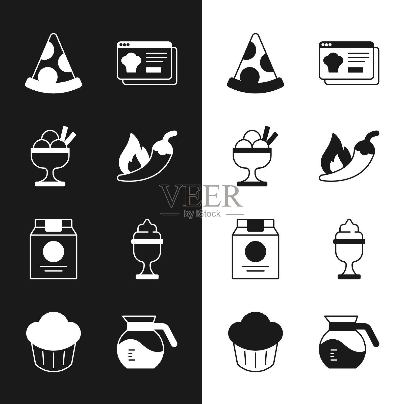 设置热辣椒辣椒荚，冰淇淋在碗，披萨片，在线订购和送货，咖啡壶和纸杯蛋糕图标。向量图标素材