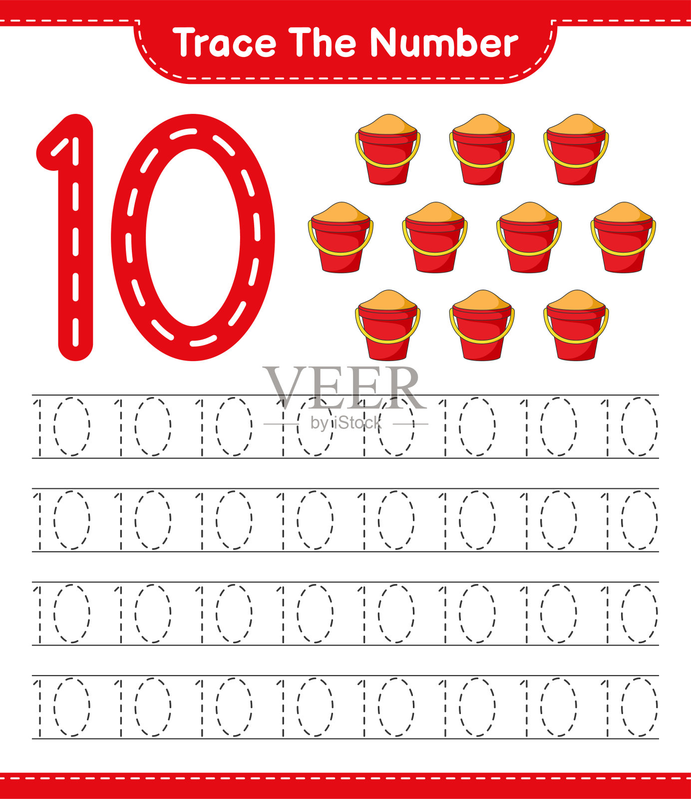 跟踪号码。用沙桶追踪号码。教育儿童游戏，可打印的工作表，矢量插图插画图片素材