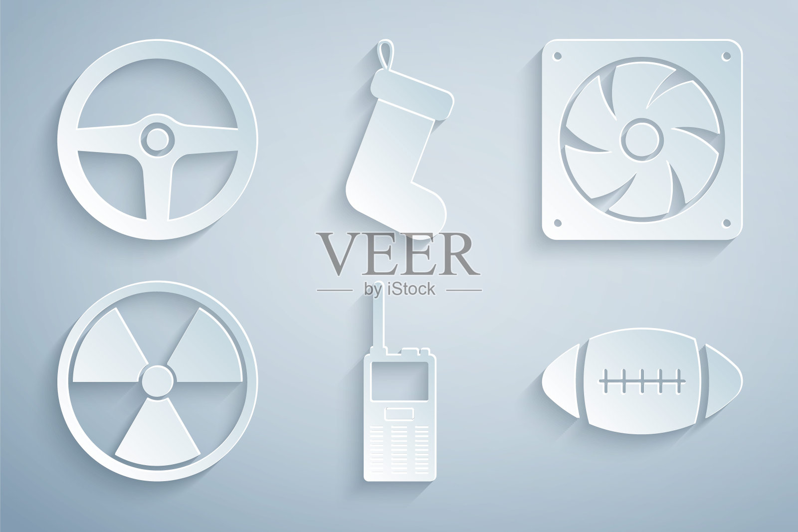 设置对讲机，电脑冷却器，放射性，美式足球，圣诞袜子和方向盘图标。向量图标素材