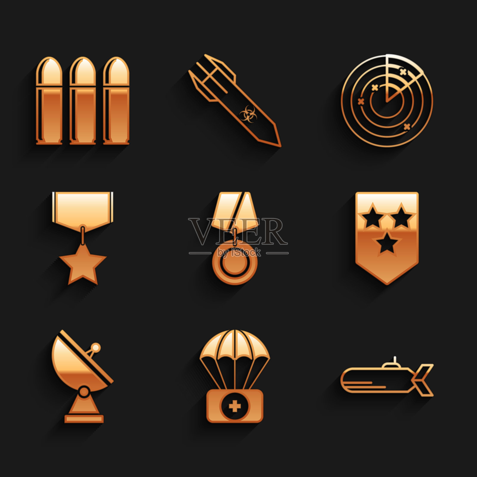 设置军事奖励奖章，降落伞与急救箱，潜艇，雪佛龙，雷达，目标和子弹图标。向量图标素材