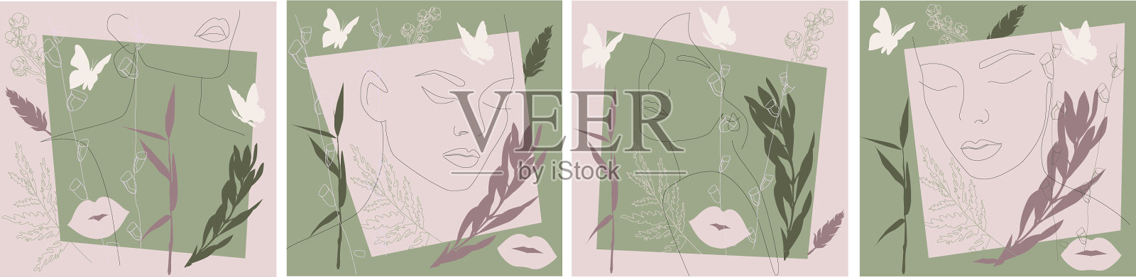一套四张明信片上有一个女人的脸插画图片素材