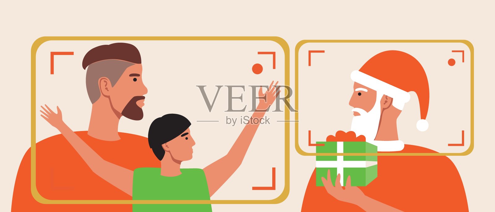 父亲，儿子在线，圣诞视频呼叫与圣诞老人，平面矢量股票插图与在线沟通与圣诞老人插画图片素材