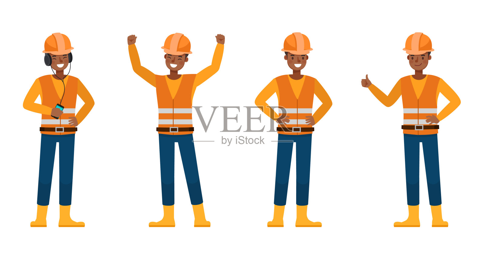 建造者工作角色向量设计的集合。以各种动作表现情感。插画图片素材