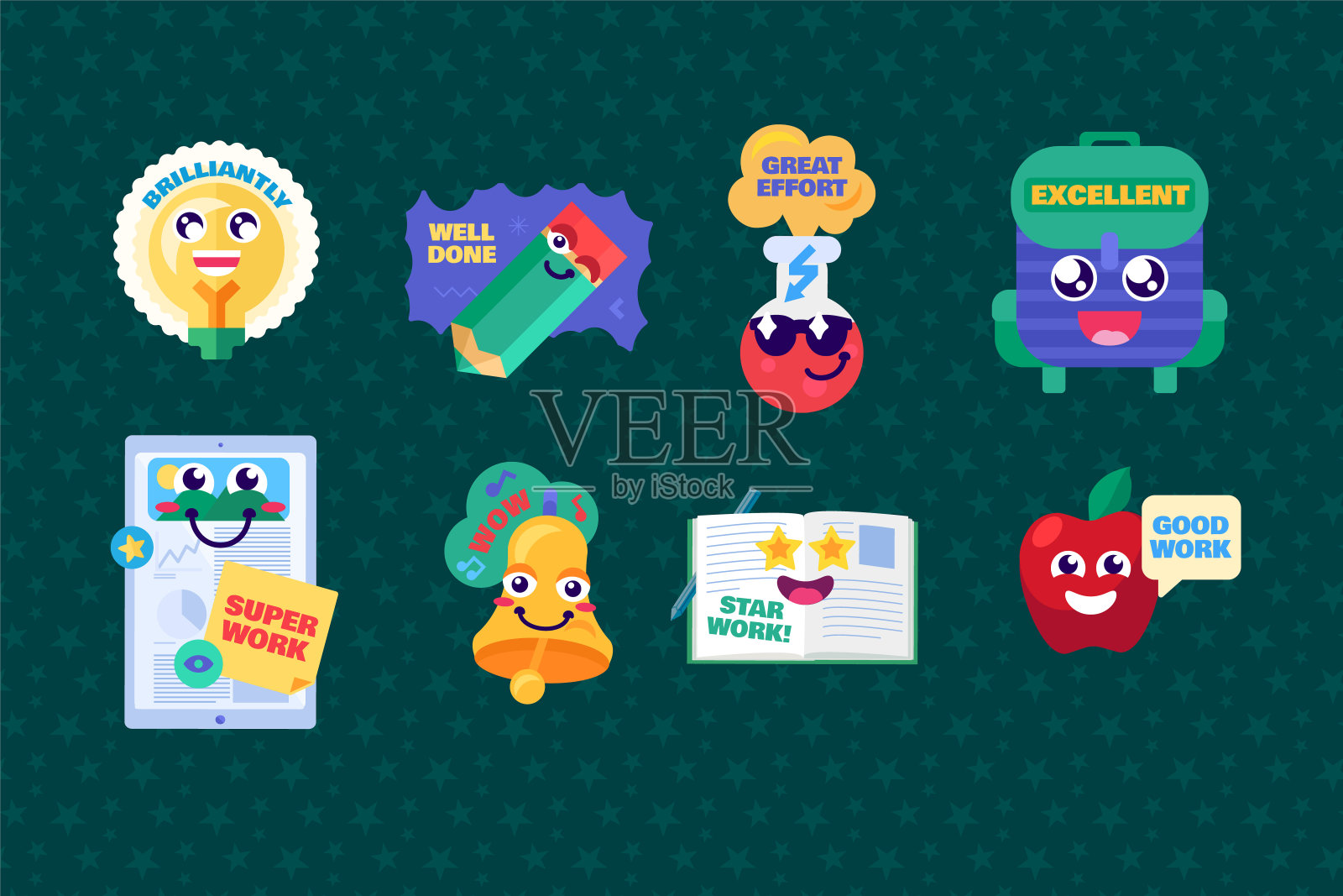 学习奖励有趣贴纸收集集向量插画图片素材