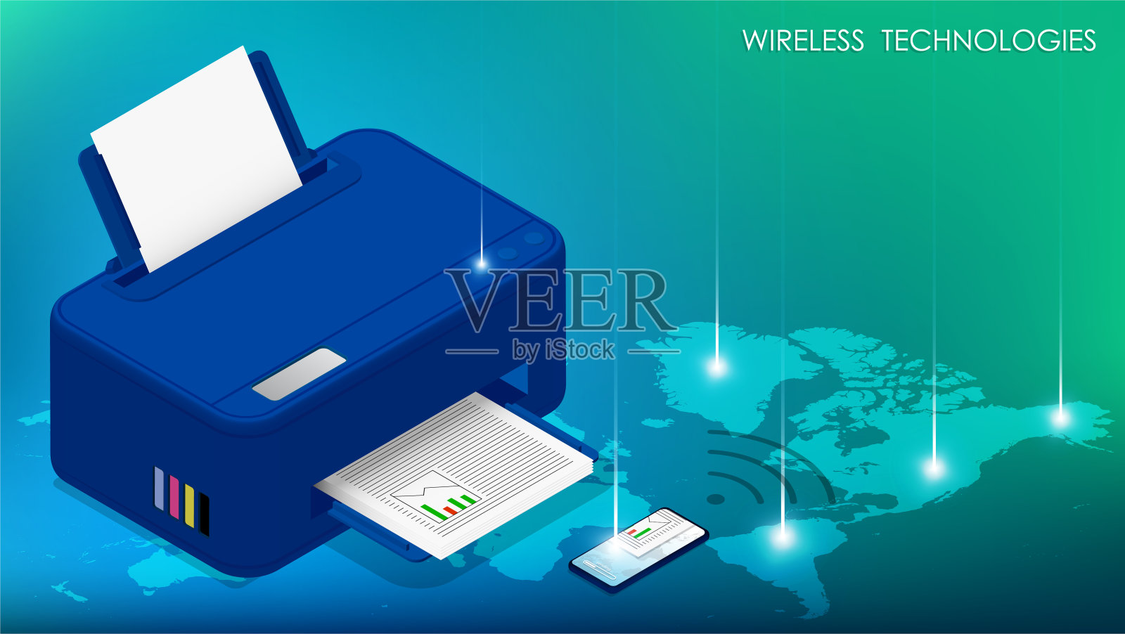 无线技术的概念。智能手机通过无线网络将文件发送到打印机进行打印。数字设备之间的通信。向量插画图片素材
