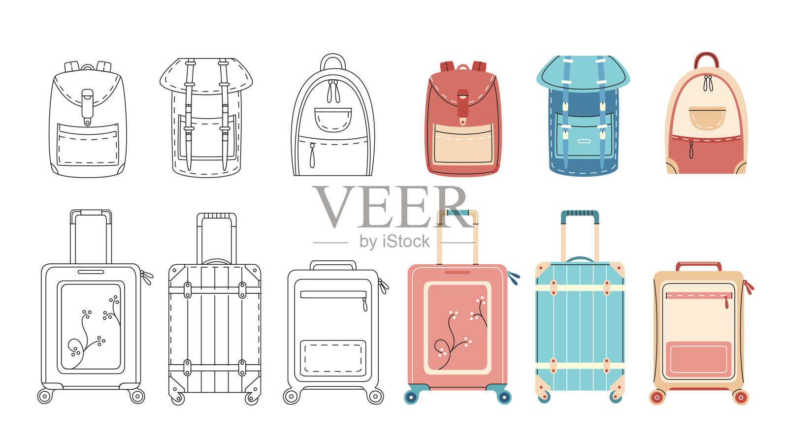 手提箱和背包元素收集。旅行袋孤立集。插画图片素材