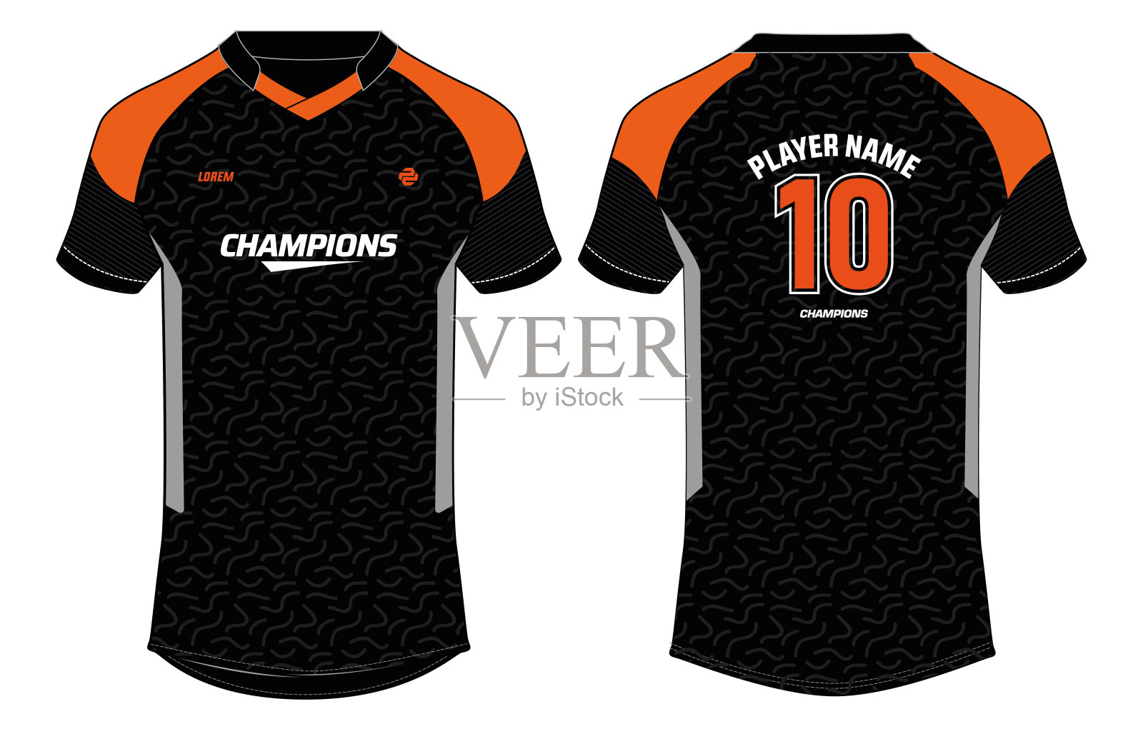 运动运动衫t恤设计概念矢量模板，几何图案V领肩袖足球运动衫概念与前和后视图为足球，板球，排球，橄榄球，羽毛球制服插画图片素材