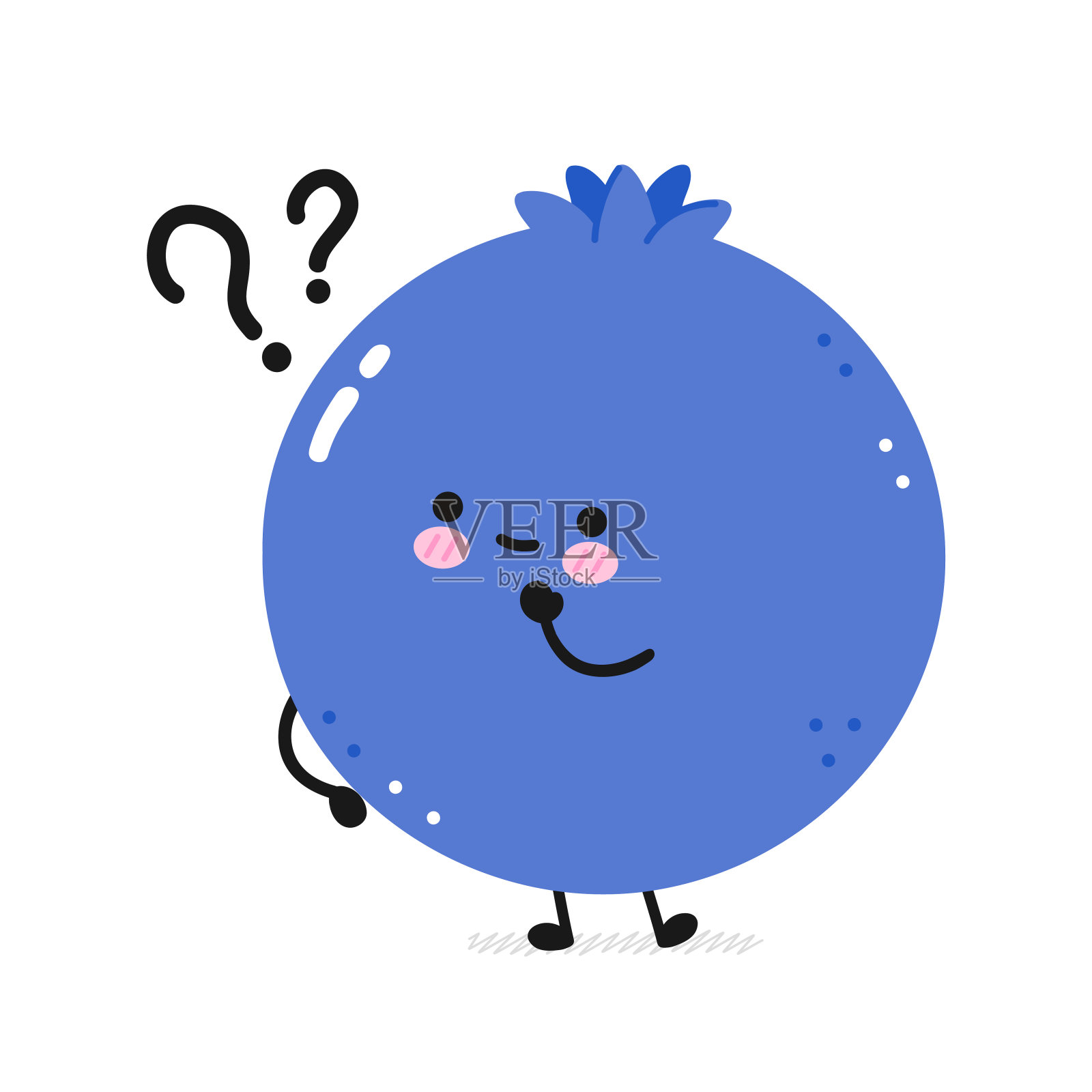 可爱快乐的微笑好笑的蓝莓带着疑问。矢量平线卡通卡哇伊脸人物插图图标。孤立在白色背景上。蓝莓莓卡通宝宝吉祥物的概念设计元素图片