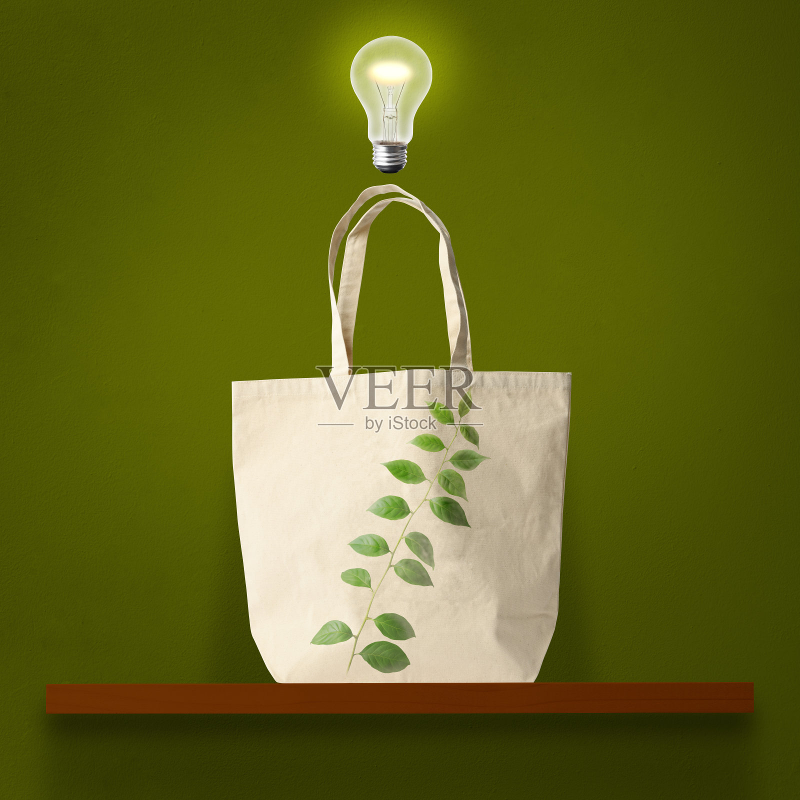 发光的灯泡在半空中的帆布手提袋与绿色叶子画在架子上。照片摄影图片