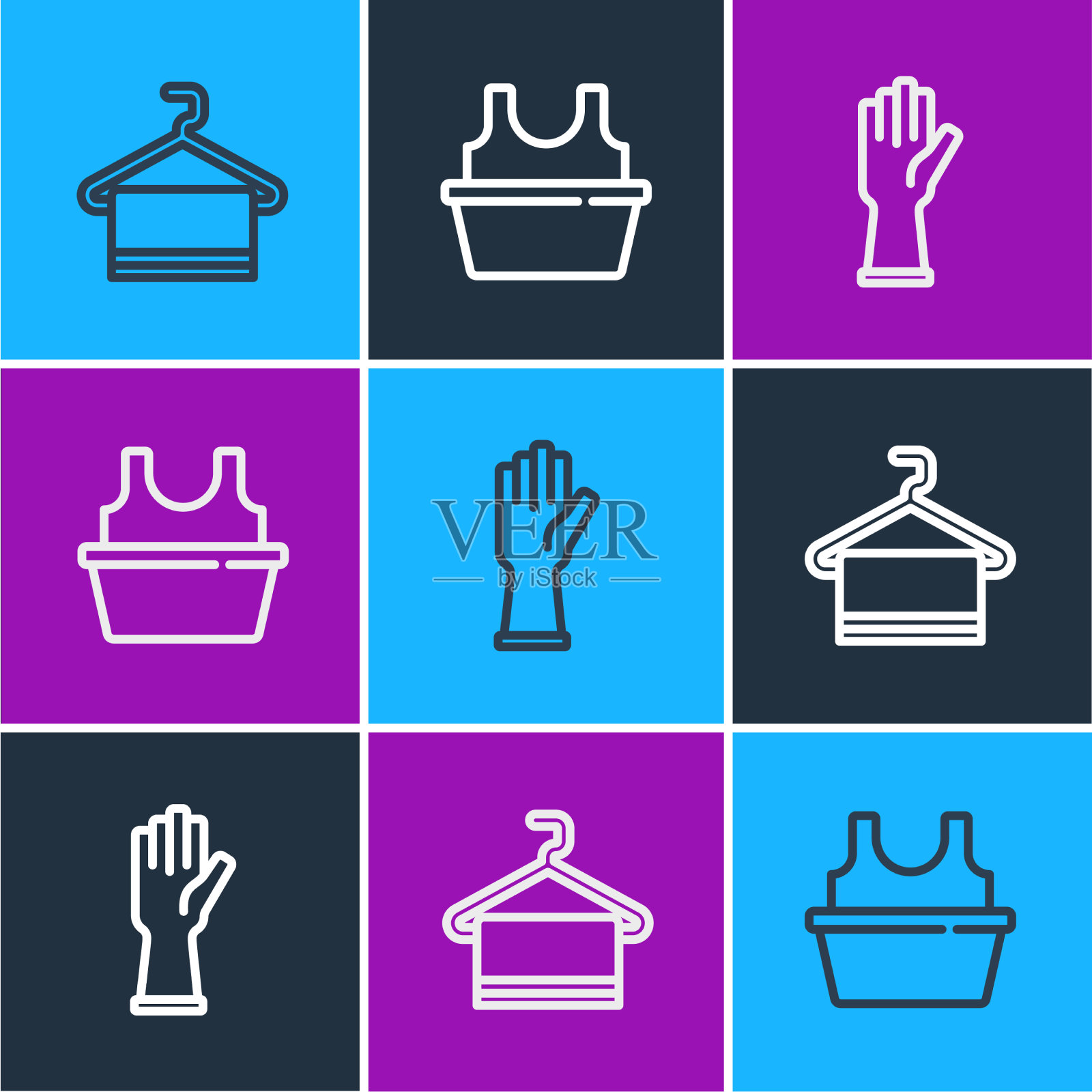 将毛巾晾在衣架橡胶手套和盆上图标素材