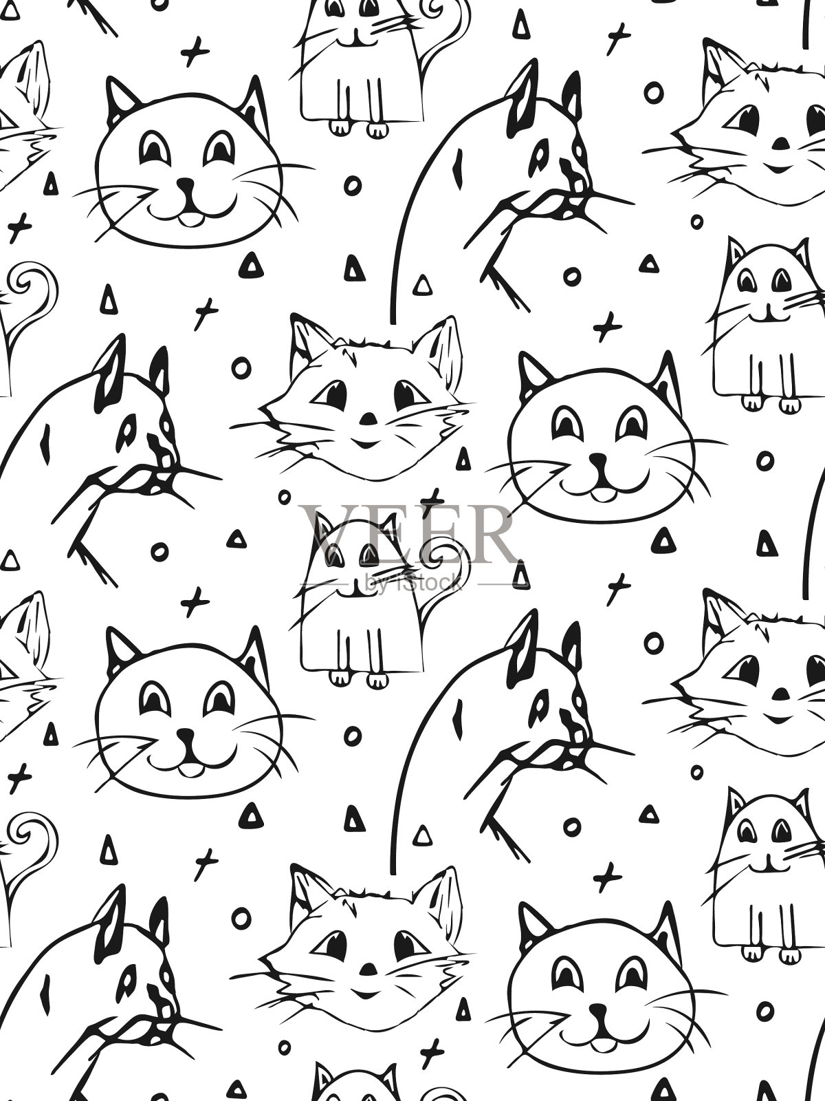 涂鸦猫脸无缝图案手绘插画图片素材