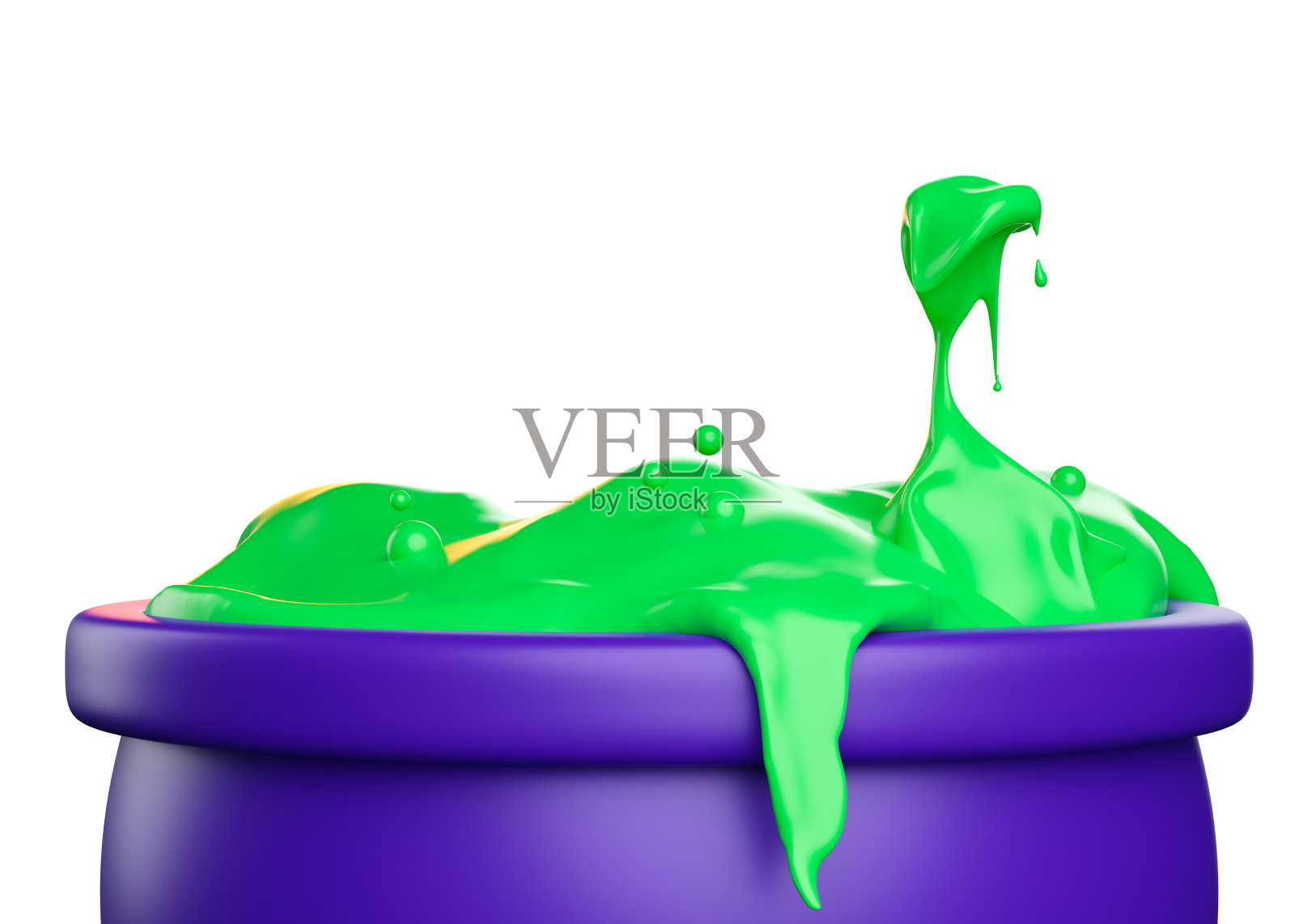 女巫的坩埚与绿色液体，隔离在白色背景，3d渲染。为一个快乐的万圣节设计装饰。现代3 d演示。魔术锅里有冒泡的液体，特写镜头照片摄影图片