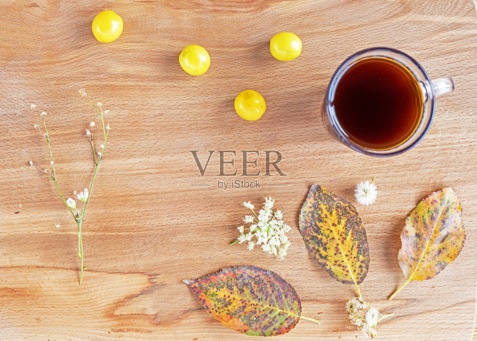 早上好，菊苣和干樱桃叶的浸渍香草和樱桃李，水平照片摄影图片