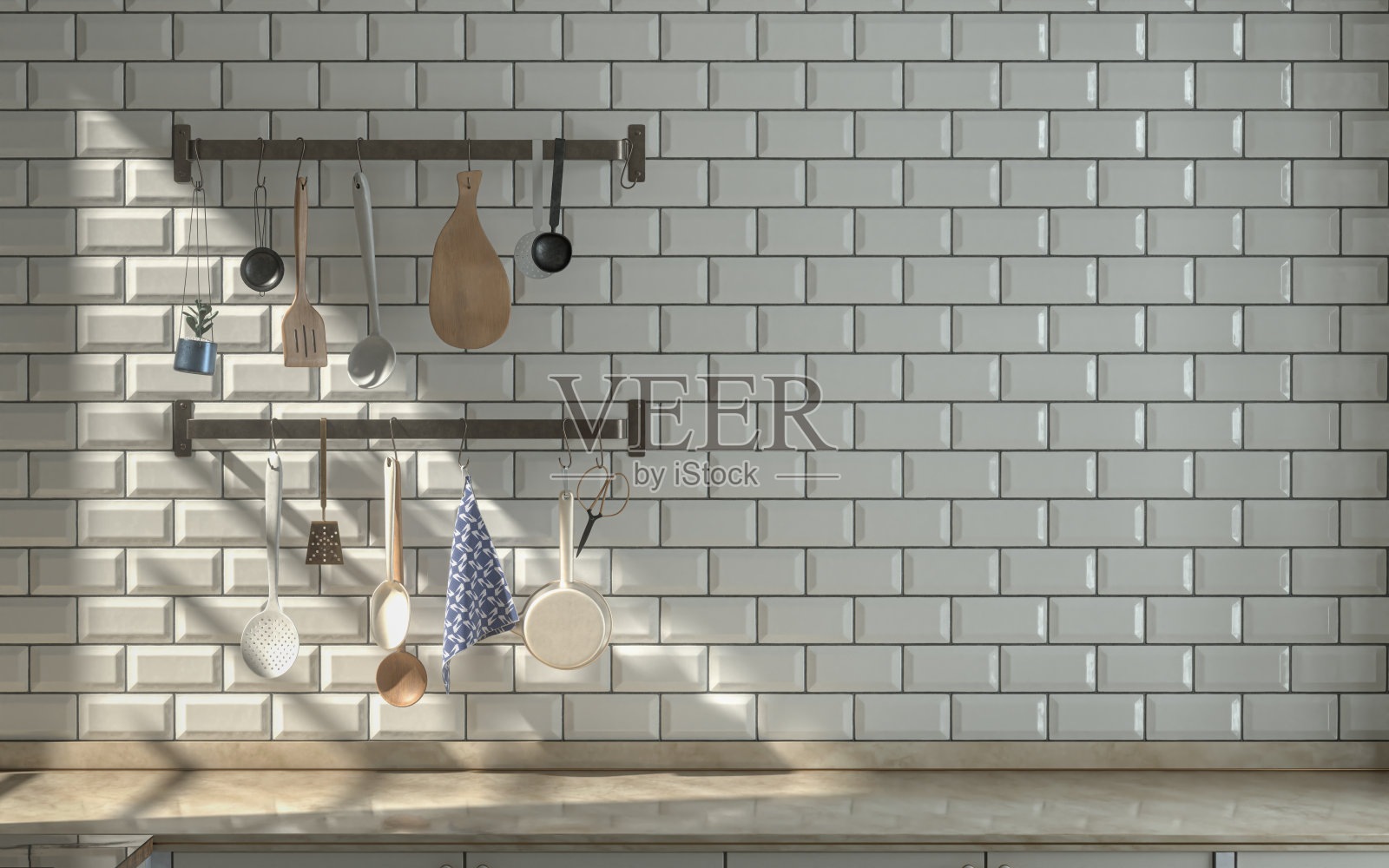 正视图厨房与大理石厨房台面下温暖的晨光，白色陶瓷交替瓷砖墙，和墙上挂厨房货架上的各种厨房用具，3d渲染照片摄影图片