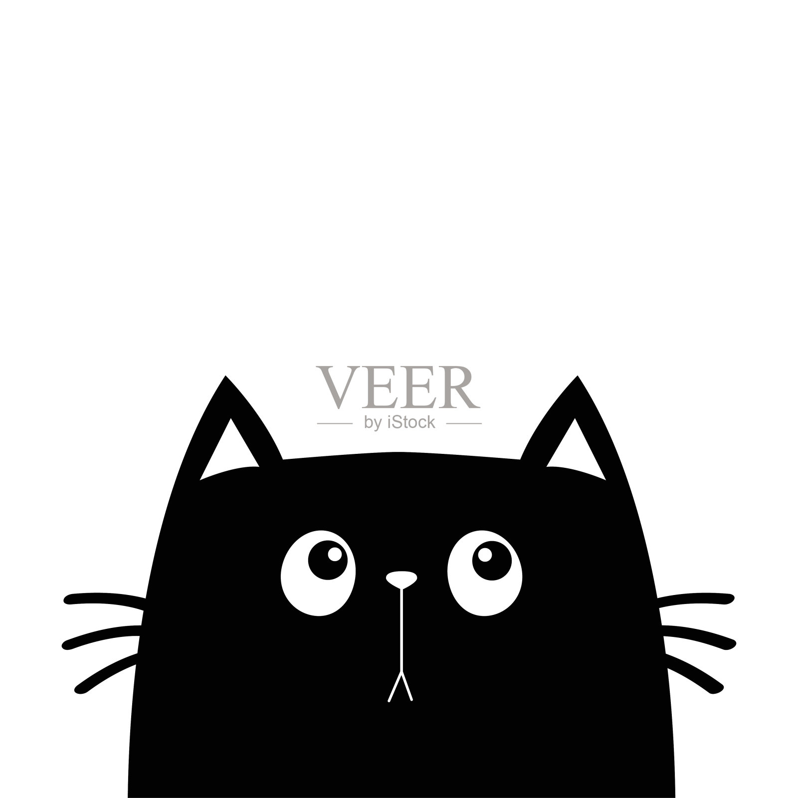 猫脸仰着头。可爱的卡通人物图标。卡哇伊的动物。黑色小猫剪影。婴儿卡。平面设计。笔记本封面，t恤，贺卡，不干胶印刷。白色背景。插画图片素材