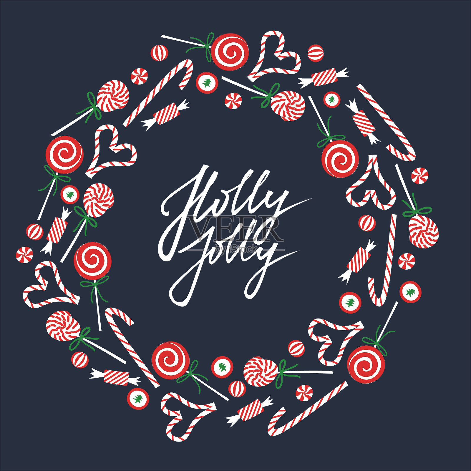圣诞糖果贺卡。霍利乔利手写排版在框架。插画图片素材