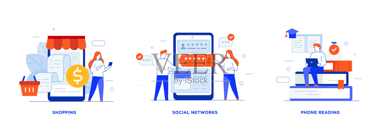 人们使用产品。一套图标，插图。智能手机平板电脑用户界面社交媒体。平面插图图标信息图。登陆页网站打印海报。插画图片素材