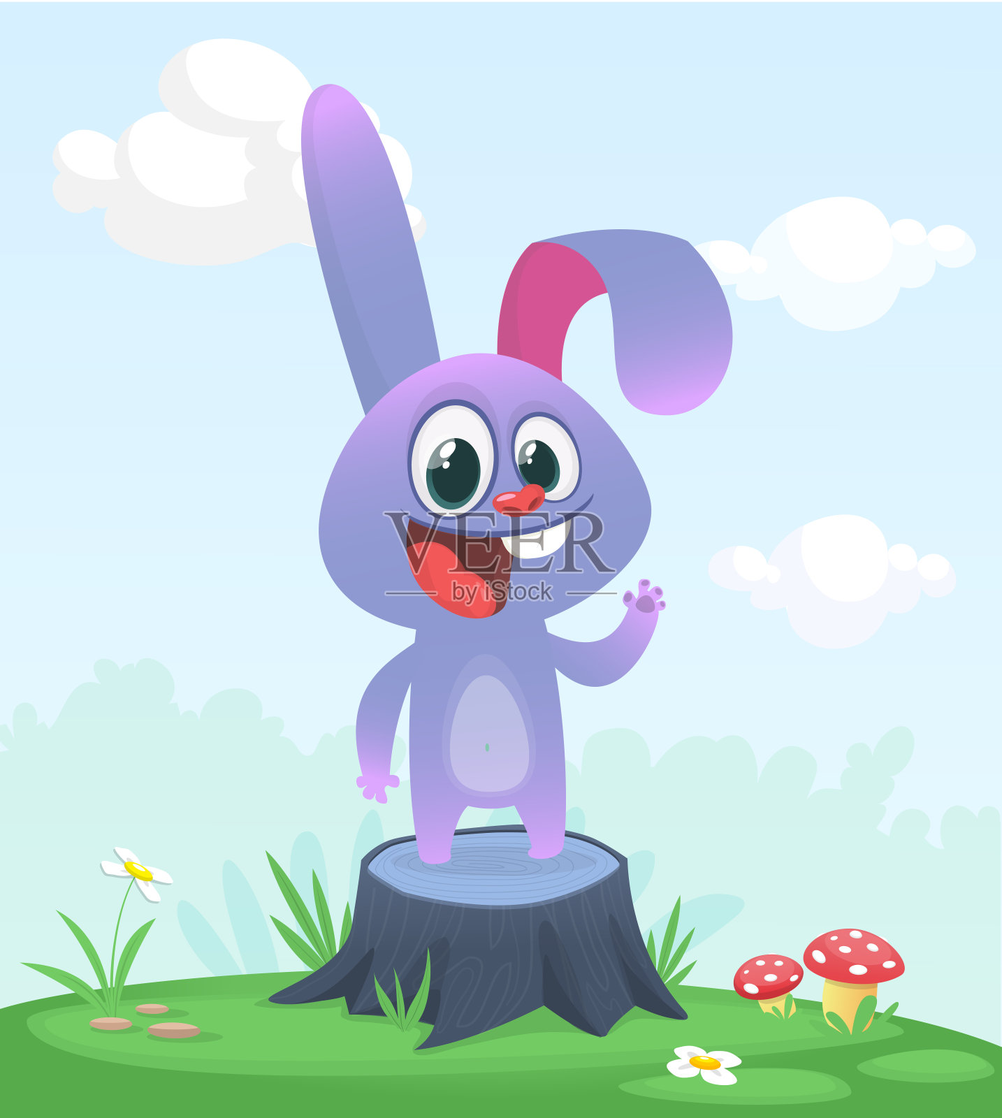 卡通滑稽和快乐的兔子站在夏天的草地上树桩。向量插图的复活节兔子插画图片素材