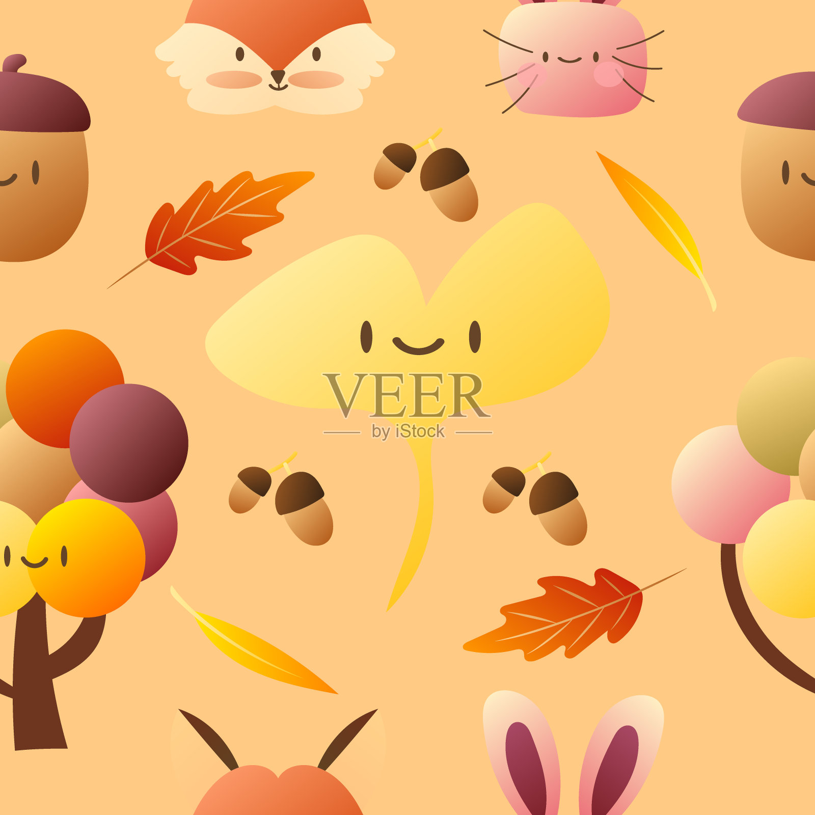 摘要秋季图案背景树叶的颜色变化在橙色的秋季色彩背景上，为模板和打印，简单的卡通平面风格。插图向量EPS 10插画图片素材