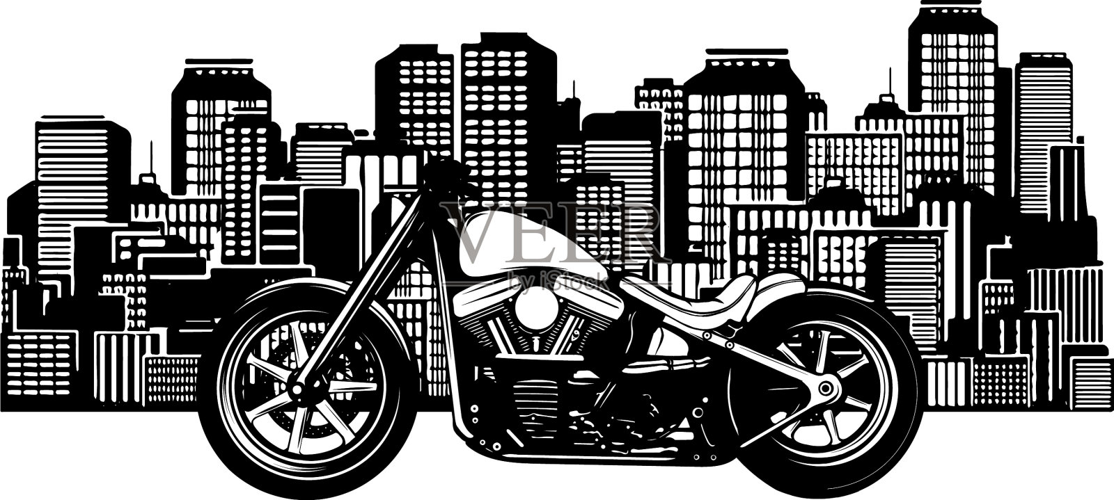 Bobber风格的摩托车与城市插画图片素材