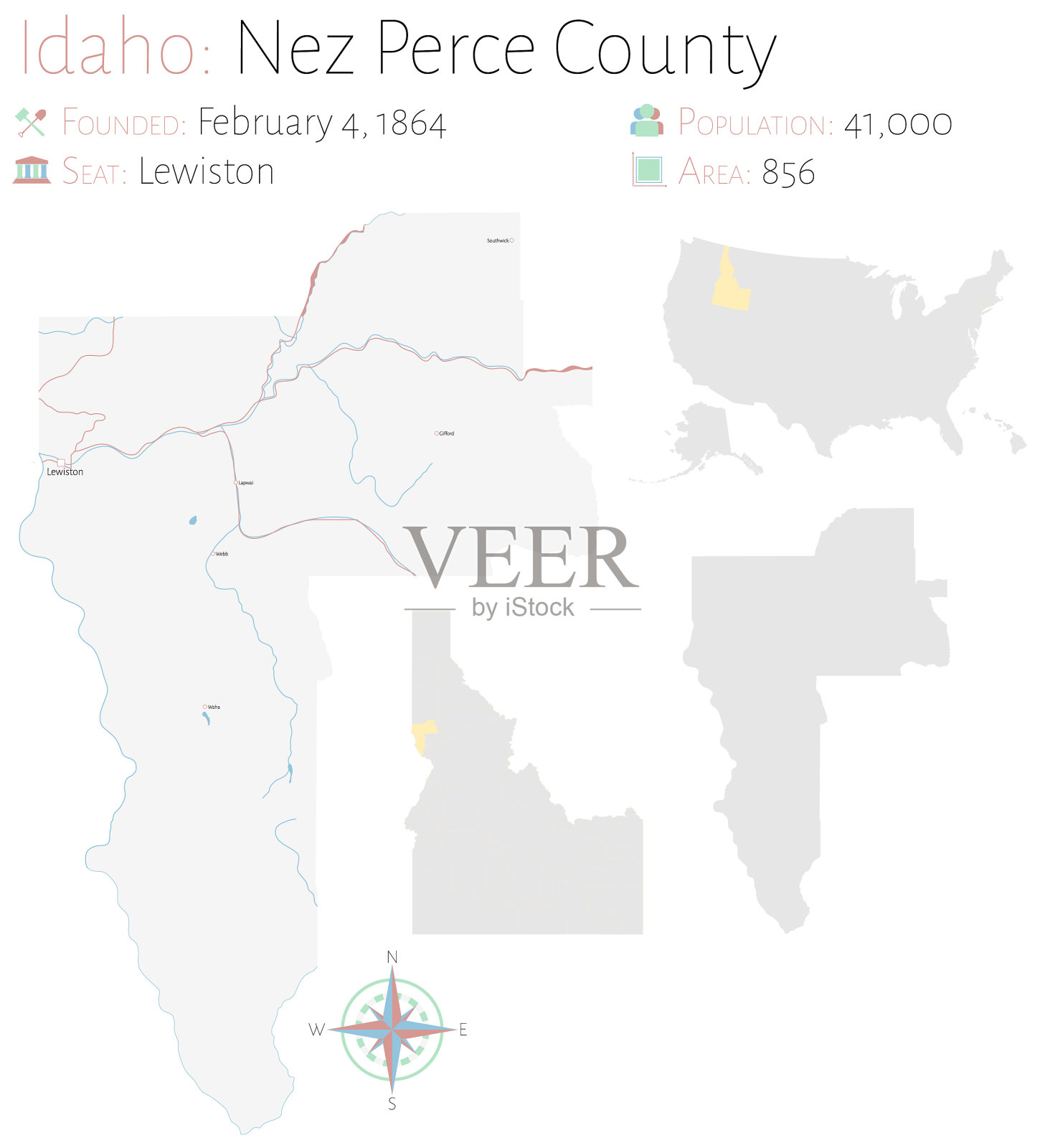 地图位于爱达荷州内兹佩尔塞县插画图片素材