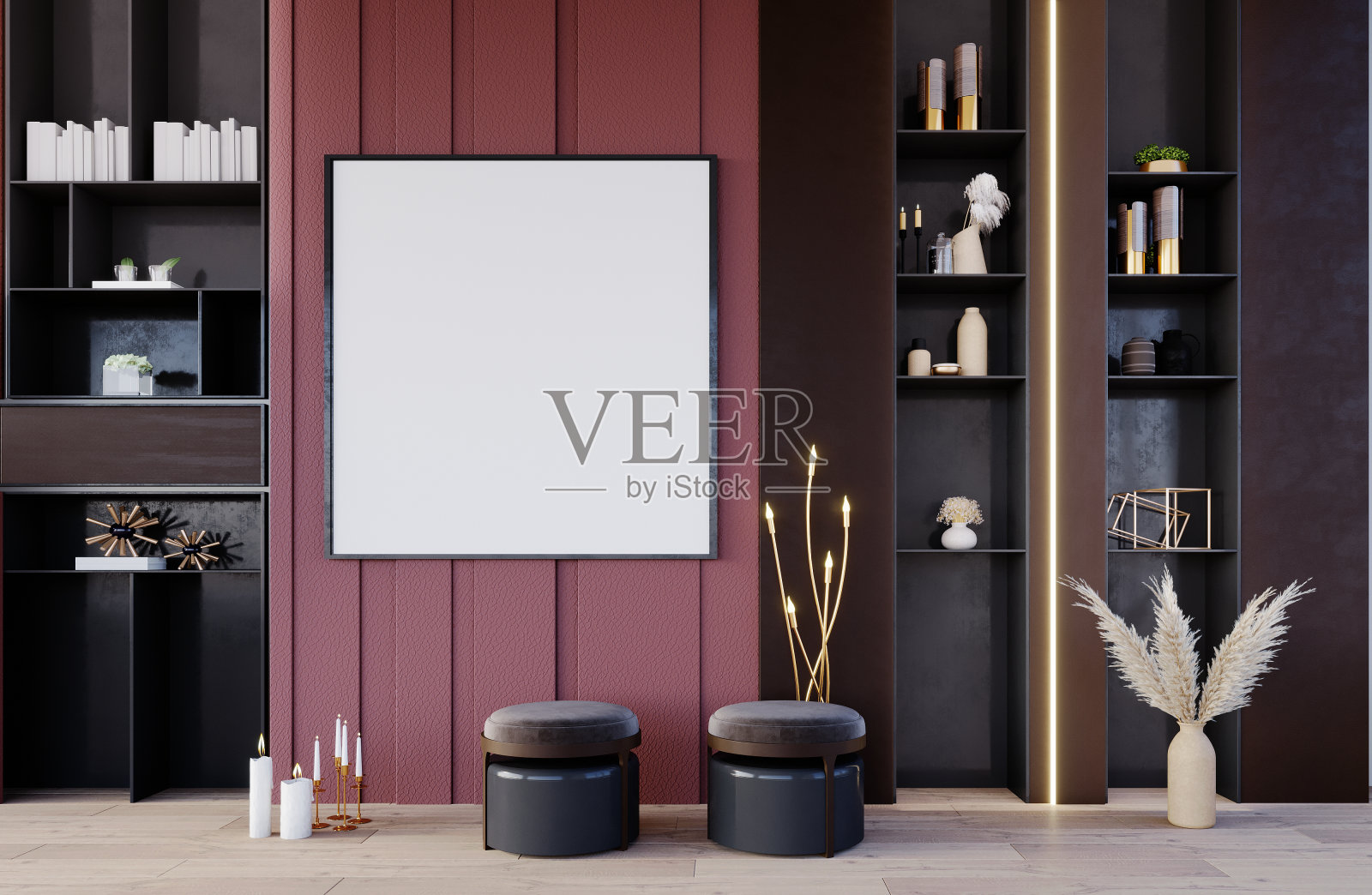 暖色调的现代生活区。照片摄影图片