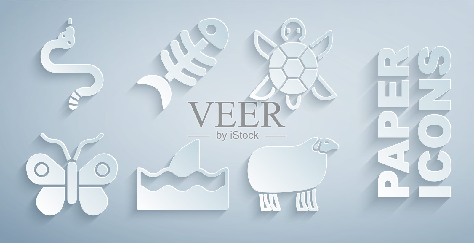 在海浪中设置鱼翅，海龟，蝴蝶，羊，鱼骨架和蛇的图标。向量图标素材