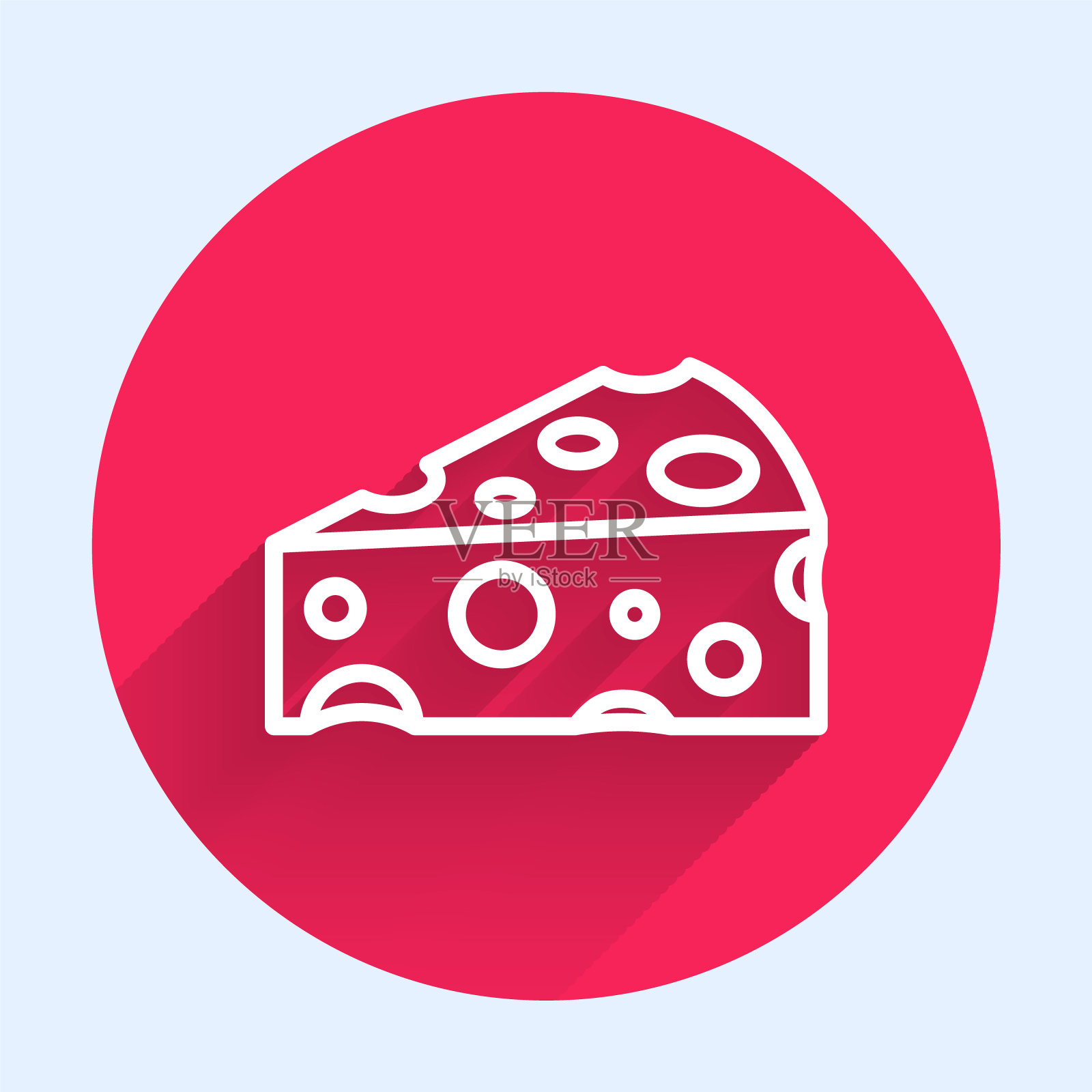 白线奶酪图标孤立与长阴影背景。红色圆圈按钮。向量插画图片素材